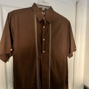 Cafe Luna Mens Brown Button Down Short Sleeve - Medium